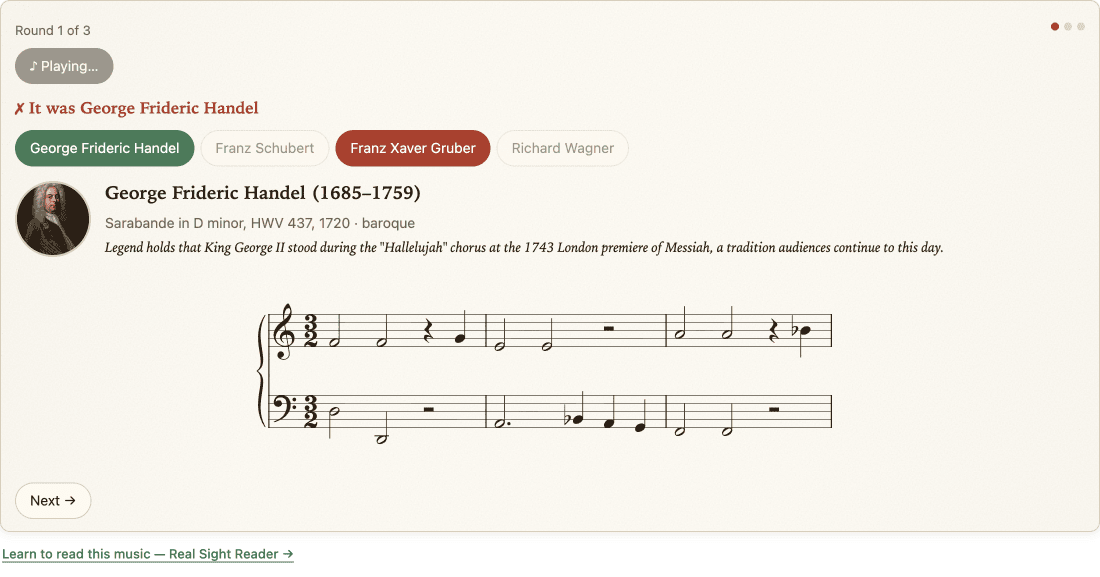 Guess the composer, round 1: the answer was Handel, revealed with his portrait, dates, a fun fact and the notation of his Sarabande in D minor