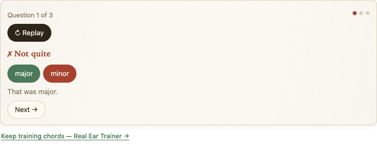 A chord quiz question answered correctly: minor, highlighted in green